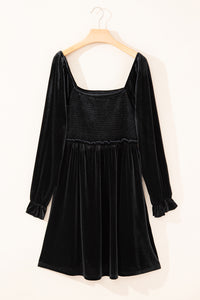 Online Black Velvet Flounce Sleeve Shirred Bodice Plus Babydoll Dress