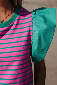 Online Pink Stripe Colorblock Ruffled Sleeve Crew Neck Blouse