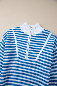 Online Pink Stripe Zip up Collar Drop Shoulder Sweater