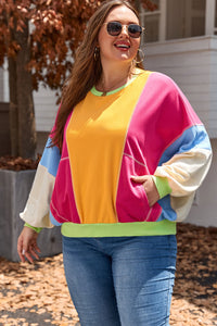 Online Rose Red Plus Size Colorblock Patchwork Exposed Seam Sweatshirt