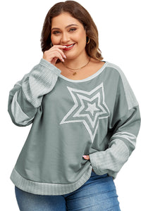 Online Mist Green Stars Patchwork Round Neck Plus Size T Shirt