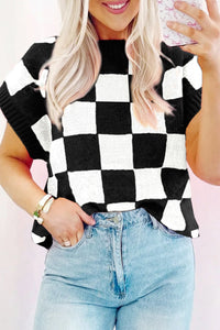 Online Color black Colorblock Plaid Pattern Ribbed Trim Sweater Tank Top