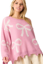 Load image into Gallery viewer, Online Pearl Beaded Bowknot Pattern Distressed Split Hem Sweater
