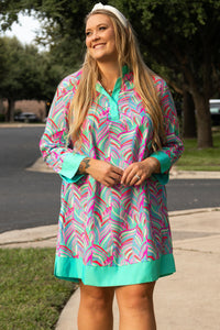 Online Green Plus Size Palm Pattern Long Sleeve Shift Dress