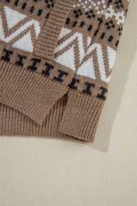 Online Brown Western Printed Ribbed Trim Collared Zip up Cardigan