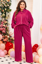 Load image into Gallery viewer, Online Rose Red Plus Size Ribbed Long Sleeve Shirt and Pants Pajama Set
