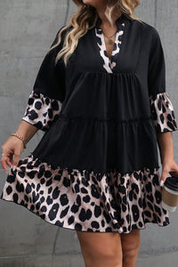 Online Black Leopard Patchwork Split Neck Ruffle Curvy Dress