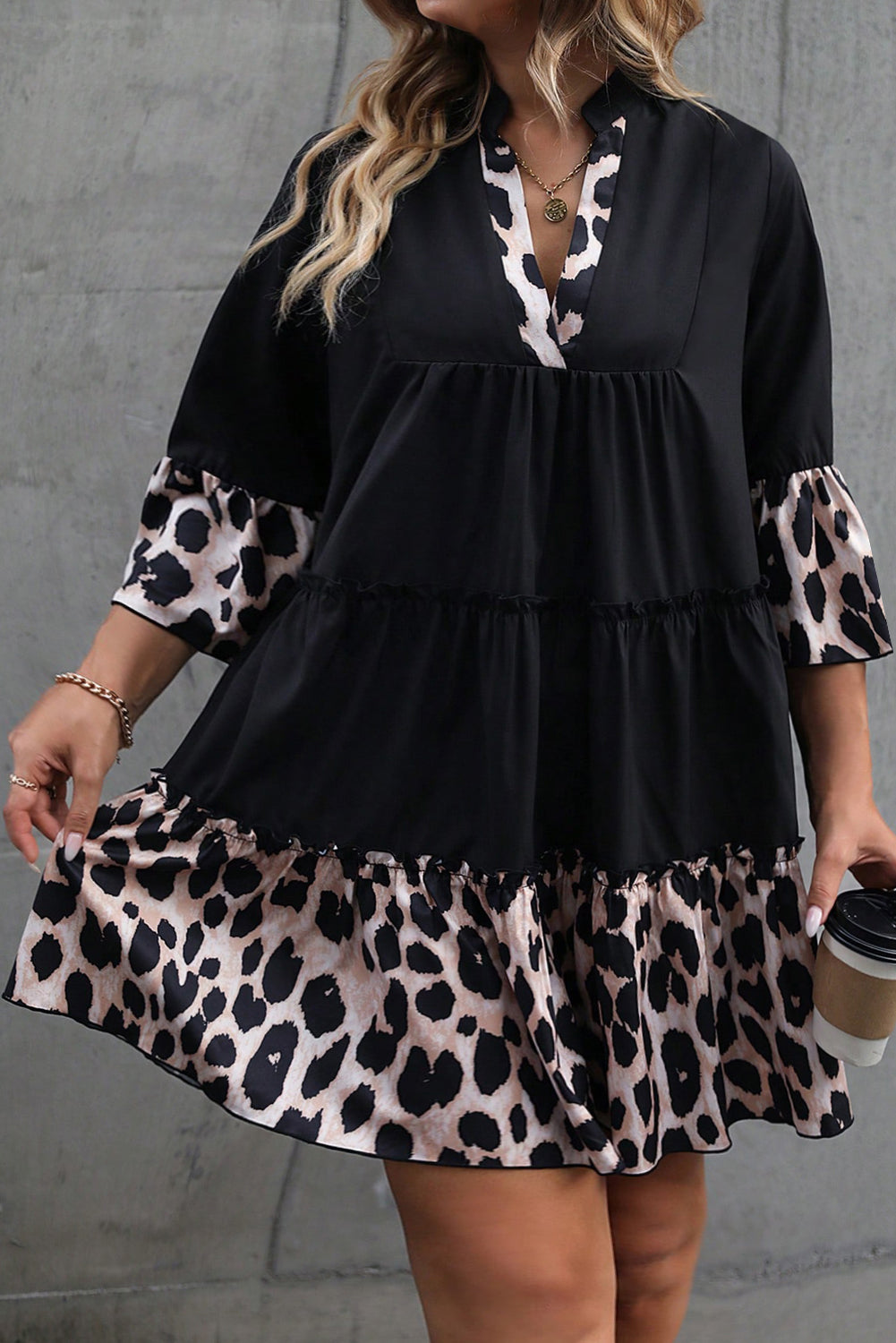 Online Black Leopard Patchwork Split Neck Ruffle Curvy Dress