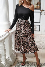 Load image into Gallery viewer, Black Asymmetric Shoulder Leopard Belted Dress
