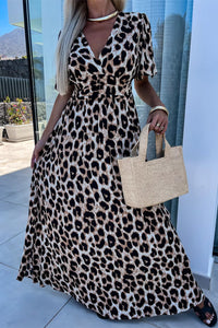 Online Khaki Leopard V Neck Cinched High Waist Open Back Maxi Dress