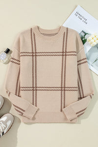 Online Pink Plaid Pattern Knitted Drop Shoulder Sweater