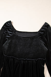 Online Black Velvet Flounce Sleeve Shirred Bodice Plus Babydoll Dress