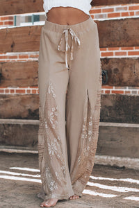 Online Smoke Gray Boho Lace Patchwork Wide Leg High Waist Pants