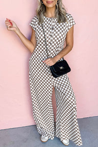 Online Khaki Checkered Print Buttoned Crew Neck Wide Leg Jumpsuit