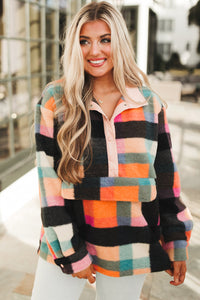 Online Black Plus Size Checkered Print Sherpa Henley Sweatshirt