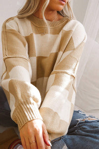 Online Rose Checkered Bishop Sleeve Sweater