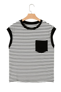 Online Black Stripe Chest Pocket Patch Round Neck Tank Top