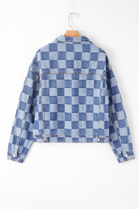 Online Black Checkered Patchwork Button up Denim Jacket