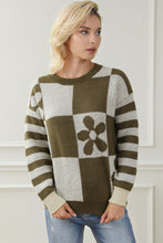 Load image into Gallery viewer, Online Orchid Petal Checkered Floral Print Striped Sleeve Sweater
