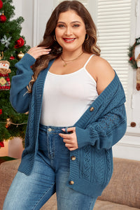 Online Real Teal Open Knit V Neck Button Front Drop Shoulder Plus Size Cardigan