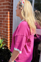 Load image into Gallery viewer, Online Pink Contrast Trim Collared Split Neck Short Sleeve Plus Size Top
