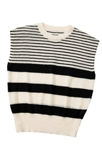 Online Black white Striped O Neck Sweater Vest