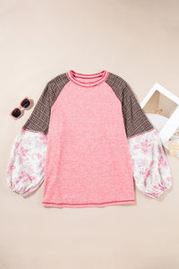 Online Pink Checkered Paisley Patchwork Raglan Sleeve Seamed Plus Size Top