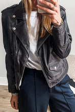 Load image into Gallery viewer, Online Black PU Leather Lapel Collar Zipper Jacket
