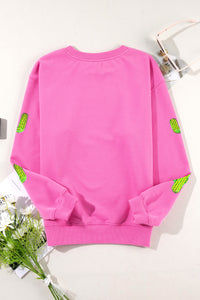Online Bonbon Sequined Cactus Pattern Crewneck Pullover Sweatshirt