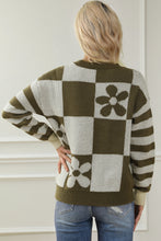 Load image into Gallery viewer, Online Orchid Petal Checkered Floral Print Striped Sleeve Sweater
