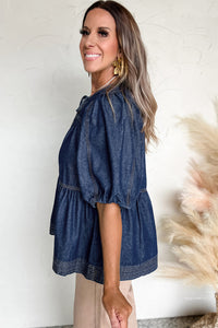 Online Sail Blue Puff Sleeve Lace-up Neckline Splicing Denim Blouse