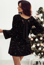 Load image into Gallery viewer, Online Black Sequin Long Sleeve Knot Cutout Back Mini Dress
