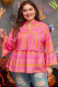 Online Vitality Orange Plus Size Geometric Printed Bell Sleeve Babydoll Blouse
