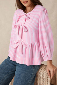 Online Pink Stripe Bowknot Front Crew Neck Puff Sleeve Blouse