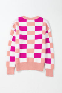 Online Pink Checkered Ribbed Edge O Neck Drop Shoulder Sweater