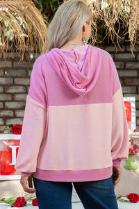 Online Pink Corded Colorblock Patchwork Plus Size Hoodie