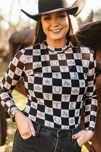 Online Black Checkerboard Western Elements Printed Mesh Long Sleeve Top