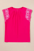 Load image into Gallery viewer, Online Strawberry Pink Floral Embroidered Flutter Sleeve Pleated O Neck Plus Size Blouse
