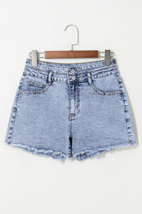 Online Beau Blue Rhinestone Light Wash Raw Hem High Waist Denim Shorts