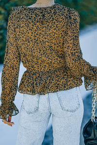 Leopard Ruffled V Neck Long Sleeve Blouse