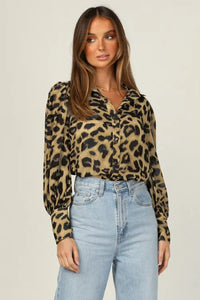 Leopard Print Bubble Long Sleeve Button-up Shirt