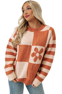 Online Orchid Petal Checkered Floral Print Striped Sleeve Sweater