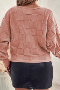 Online Light French Beige Solid Checkered Textured Knit Plus Size Sweater