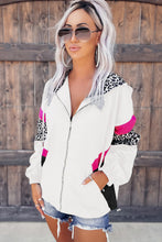 Load image into Gallery viewer, Online White Leopard Color Block Pockets Zip-up Hooded Jacket
