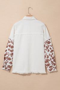 Online White Cow Spot Patchwork Flap Pocket Distressed Hem Long Denim Jacket