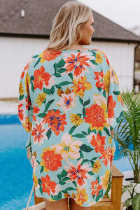 Online Sky Blue Plus Size Floral Print V Neck Batwing Sleeve Blouse