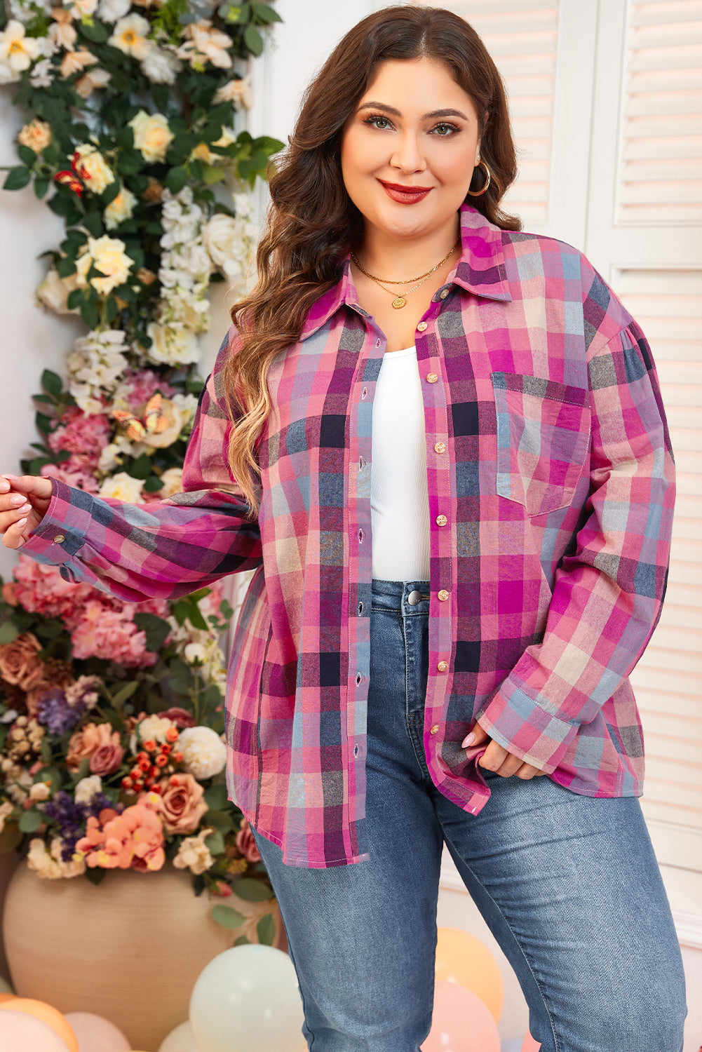 Online Rose Stripe Plus Size Checkered Print Button up Shirt