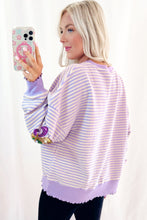 Load image into Gallery viewer, Online Purple Stripe Sequin Fleur de Lis Patched Pattern Long Sleeve Top
