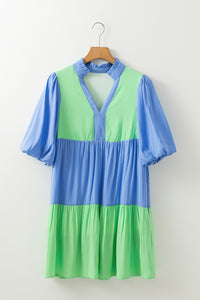 Online Dark Blue Colorblock Frilled V Neck Puff Half Sleeve Shift Dress