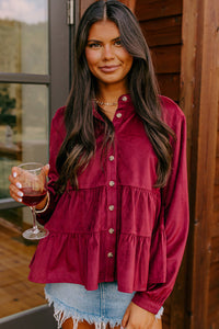 Online Burgundy Corduroy Ruffle Tiered Buttoned O Neck Shirt